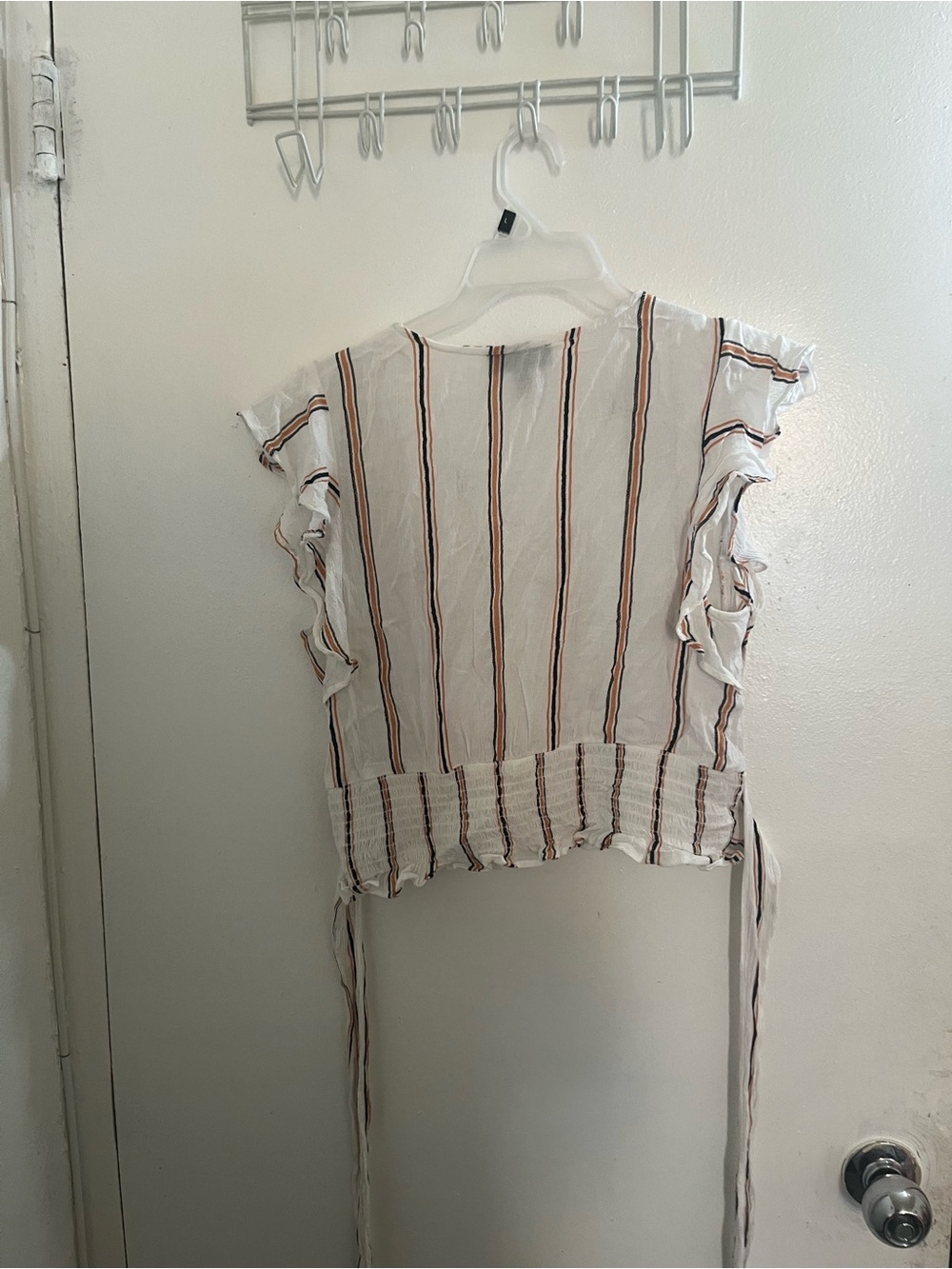 Jessica Simpson White Crop Top with Black and Orange Stripes and Front Tie - Picture 2 of 5